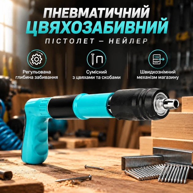 Універсальний пневматичний цвяхозабивник – нейлер для оздоблювальних робіт і меблів - Фото 1 Універсальний пневматичний цвяхозабивник – нейлер для оздоблювальних робіт і меблів - изображение 1