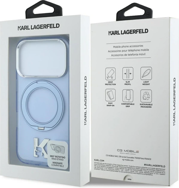 Etui plecki Karl Lagerfeld IML Ring Stand 360 Kameo Metal MagSafe do Apple iPhone 17 Pro / 18 Pro Light Blue (KLHMP18L6HRSMKMB) - obraz 8