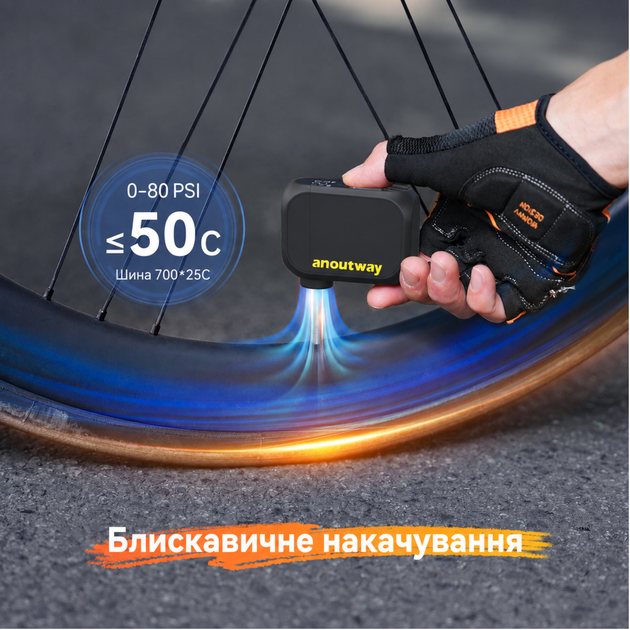 Міні насос Anoutway AT1 PRO AS210PRO для велосипеда акумуляторний електричний компресор 120 PSI для шин автоматичне накачування LED дисплей USB Type-C - зображення 7
