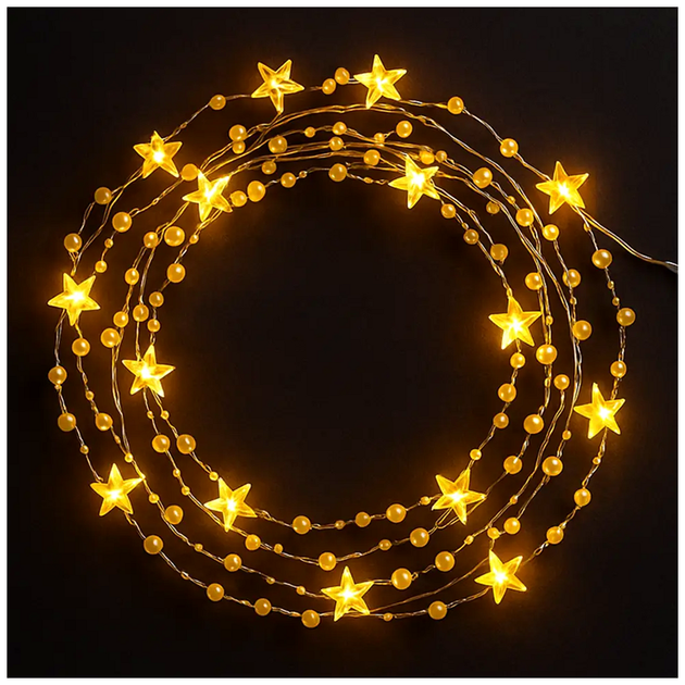 Светодиодная гирлянда 20LED 2м на батарейках теплый белый для декора с золотыми бусинами и звездочками SQ-28798 - Фото 2 Светодиодная гирлянда 20LED 2м на батарейках теплый белый для декора с золотыми бусинами и звездочками SQ-28798 - изображение 2