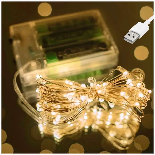 Світлодіодна гірлянда Роса 5 м 50 LED 0.5 Вт USB-батарейки теплий білий для внутрішнього використання IP44 SQ-26665 - Фото 2 Світлодіодна гірлянда Роса 5 м 50 LED 0.5 Вт USB-батарейки теплий білий для внутрішнього використання IP44 SQ-26665 - зображення 2