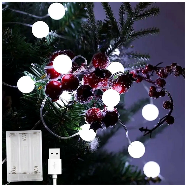 Гирлянда светодиодная 20 LED 3м матовые шарики белый USB батарейки для украшения интерьера SQ-28332 - изображение 2