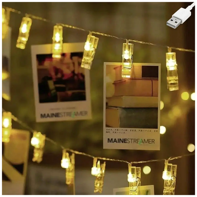Светодиодная гирлянда 10 LED 4м на батарейках и USB теплый белый для фото прищепки SQ-25524 - изображение 2