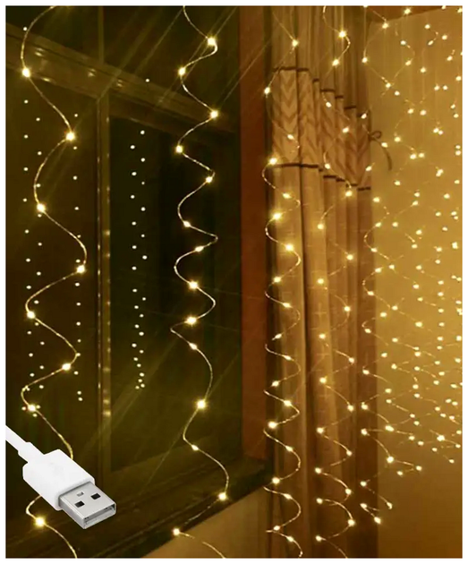 Гирлянда штора 3x0.6м 100 LED USB теплый белый 8 режимов для украшения интерьера Роса SQ-26723 - Фото 2 Гирлянда штора 3x0.6м 100 LED USB теплый белый 8 режимов для украшения интерьера Роса SQ-26723 - изображение 2