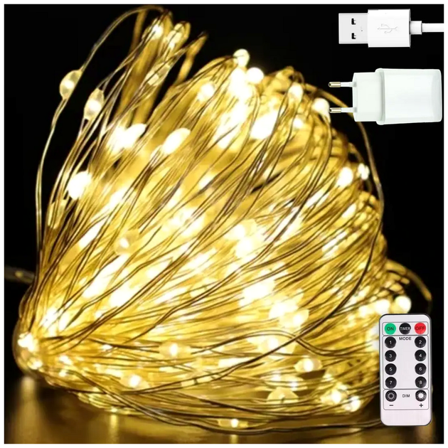 Гирлянда нить 30м 300 LED 5Вт теплый белый USB и сеть 220В 8 режимов с пультом ДУ модель Роса SQ-27362 - изображение 2