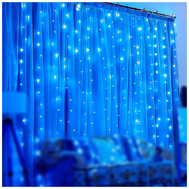 Гирлянда штора светодиодная 3x2м 320LED 8 режимов синий прозрачный шнур для декора помещения SQ-27313 - Фото 2 Гирлянда штора светодиодная 3x2м 320LED 8 режимов синий прозрачный шнур для декора помещения SQ-27313 - изображение 2