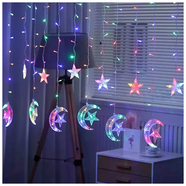 LED гирлянда штора 3x1м 12 фигурок 220В 8 режимов для украшения дома Луна со звездой Мультиколор SQ-27431 - изображение 4