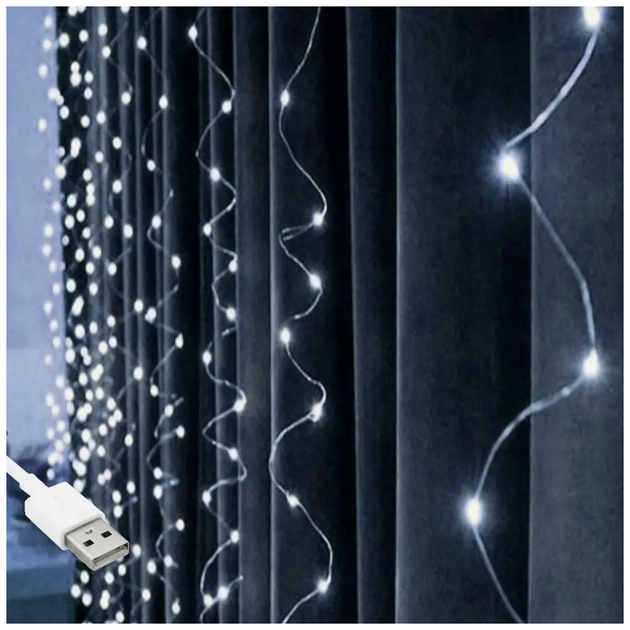 Гирлянда штора 3x0,6м 100 LED холодный белый USB 8 режимов для украшения интерьера Роса SQ-26722 - изображение 2
