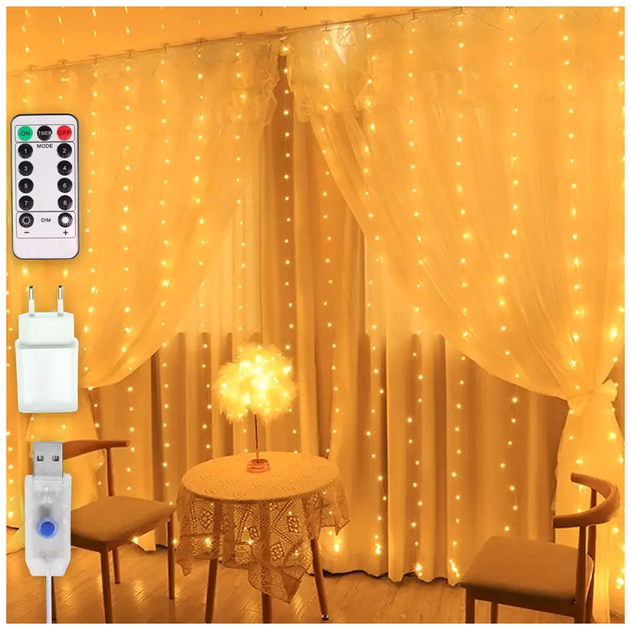 Гирлянда штора 3x2м 400 LED Теплый белый USB и сеть 220В 8 режимов Роса SQ-26773 - изображение 2