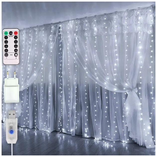 Гирлянда штора 400 LED 3x2м 8 режимов питания USB 220В IP44 Роса SQ-26772 - изображение 2