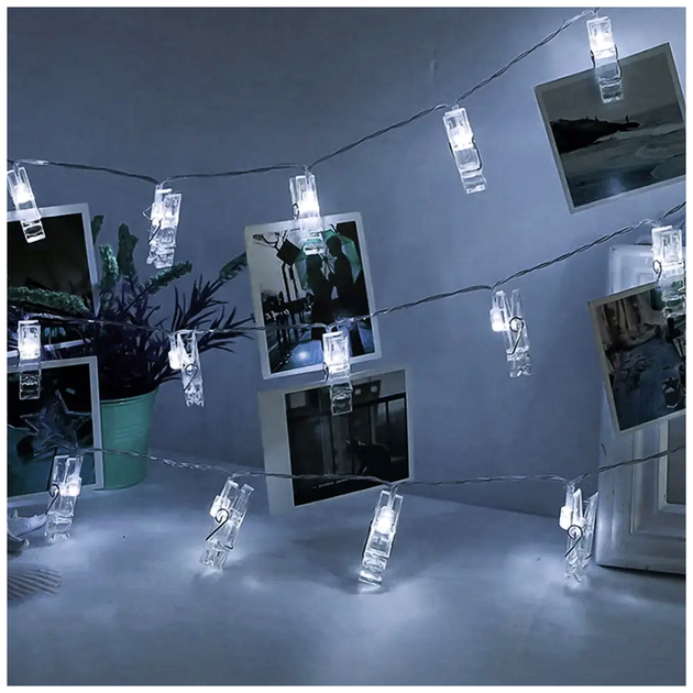 Светодиодная гирлянда 3м 20 LED с прищепками для фото на батарейках AA белая SQ-28329 - изображение 5