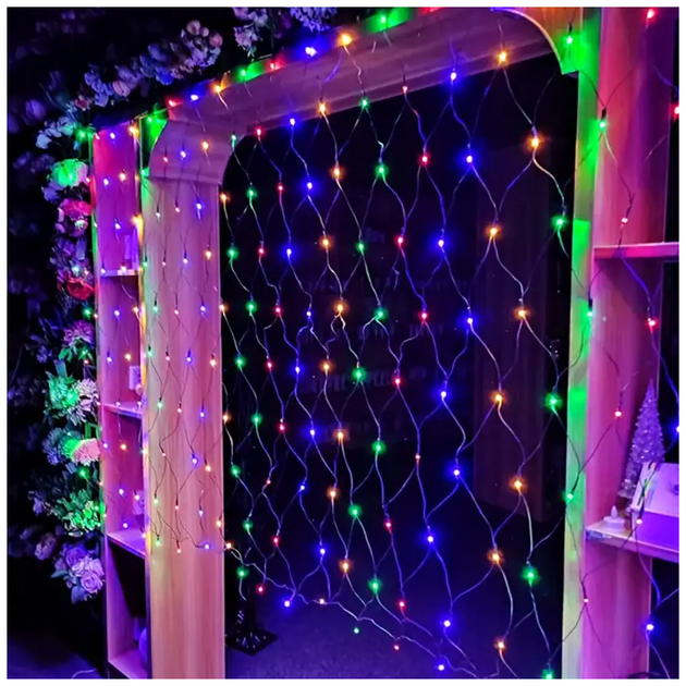 Гирлянда сетка светодиодная 1,2x1,2м 100LED 220V 8 режимов мультиколор прозрачный шнур SQ-27289 - изображение 3