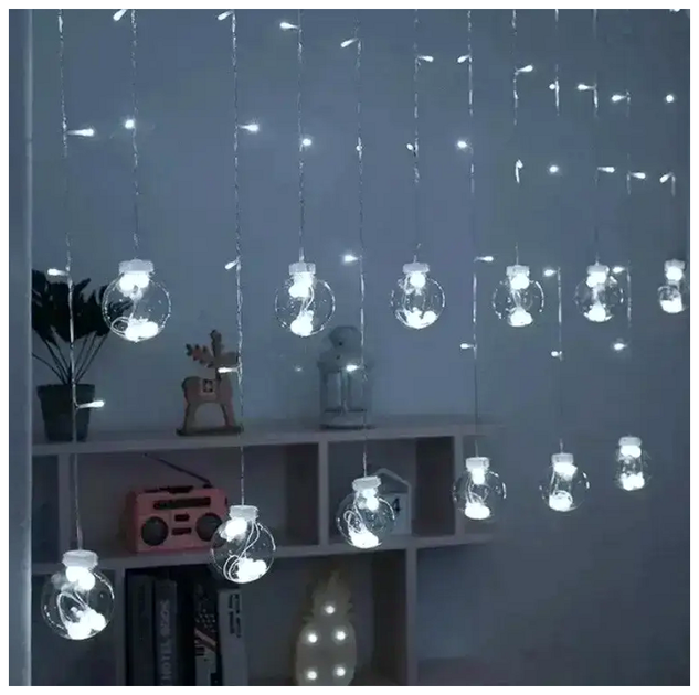 LED гирлянда штора 12 шариков 3x1м 8 режимов белый IP44 для украшения интерьера SQ-27476 - изображение 2