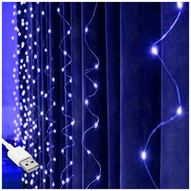 Гирлянда штора 100 LED 3x0.6м USB 8 режимов Сине-белый для украшения интерьера SQ-26724 - изображение 2