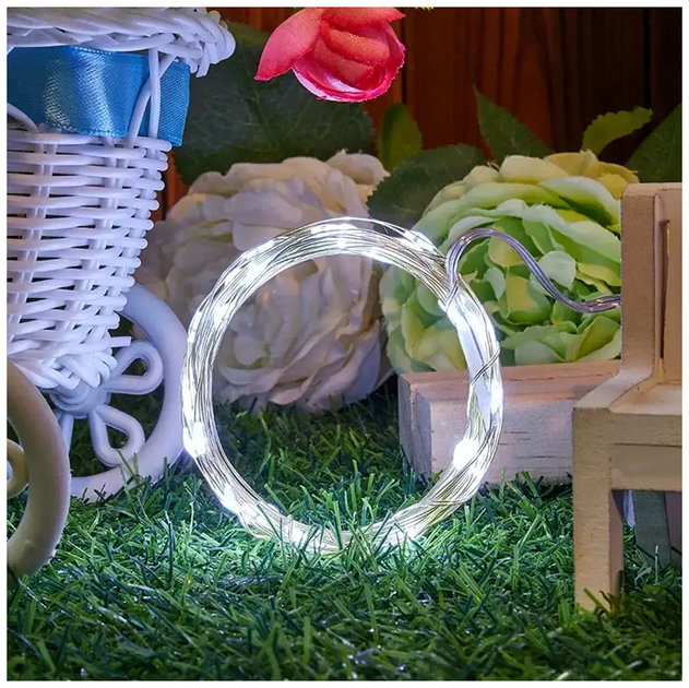 Светодиодная гирлянда 50 LED 5м статический режим холодный белый IP44 на батарейках для декора дома SQ-28807 - изображение 3