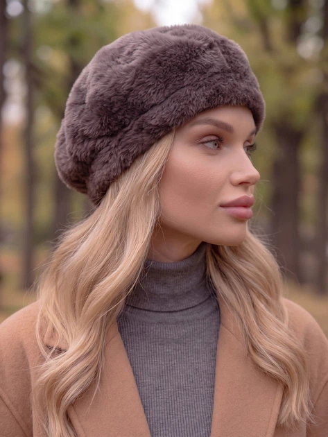 Женский берет Alpaca из экомеха кофе с молоком (мокко) - изображение 4