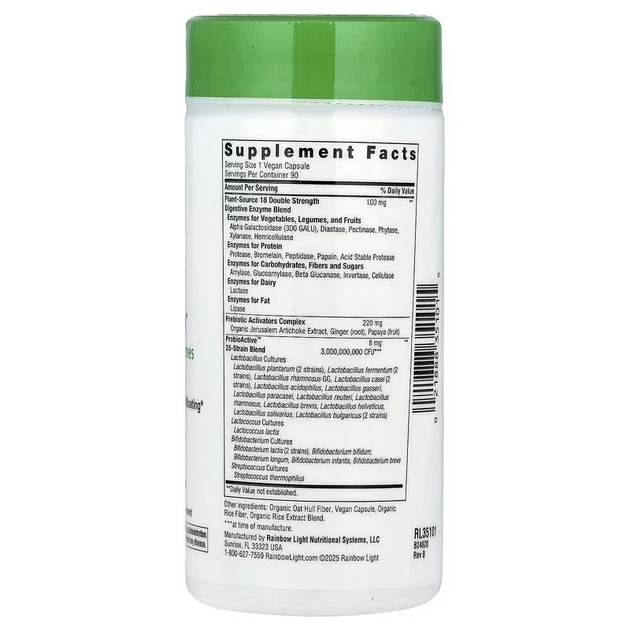 Ферменты Rainbow Light Пищеварительные ферменты All-Zyme Plant Source Enzymes Probiotics 90 веганских капсул - изображение 2