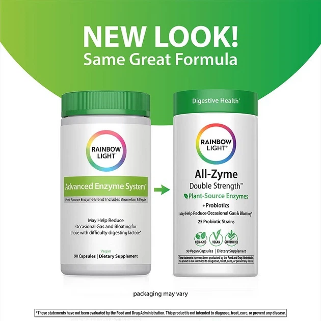 Ферменты Rainbow Light Пищеварительные ферменты All-Zyme Plant Source Enzymes Probiotics 90 веганских капсул - изображение 3