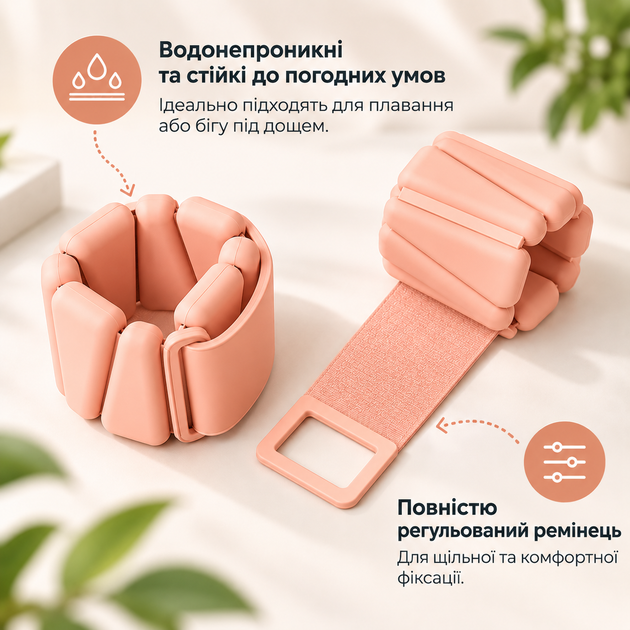 Обтяжки-браслеты Gemini Sport 2×0,25 кг для рук и ног силиконовые манжеты-утяжелители для фитнеса Персиковый (G0011) - изображение 5