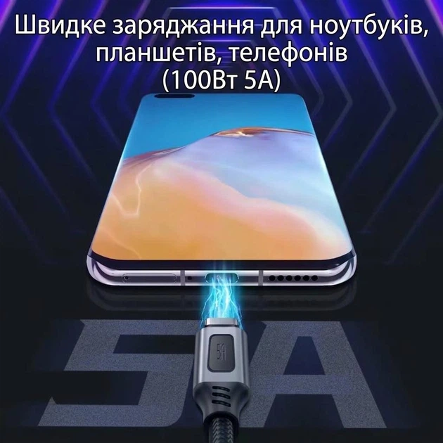 Кабель питания и передачи данных Type-C - Type-C 100W PD 5A, E-Marker 1.5 метра плетеный для ноутбука смартфона и других устройств, темно-серый Ymiot - изображение 6