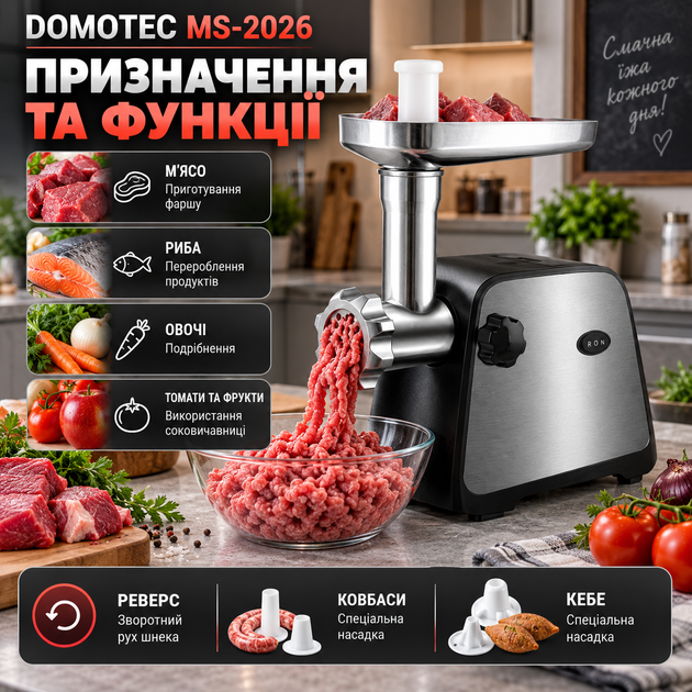 Электромясорубка Domotec MS-2026 4500 Вт мясорубка домашняя для фарша мяса рыбы овощей с соковыжималкой фруктов томатов реверсом 3 решетками дисками колбасной насадкой кеббе стальным ножом защитой от перегрузки - Фото 3 Электромясорубка Domotec MS-2026 4500 Вт мясорубка домашняя для фарша мяса рыбы овощей с соковыжималкой фруктов томатов реверсом 3 решетками дисками колбасной насадкой кеббе стальным ножом защитой от перегрузки - изображение 3