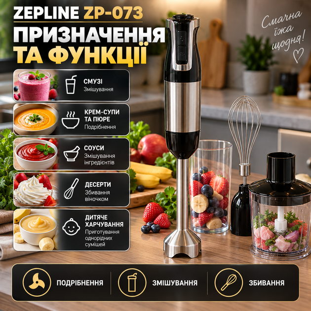 Заглибний блендер Zepline ZP-073 1500 Вт ручний кухонний міксер 20 швидкостей турборежим подрібнювач 500 мл мірний стакан 600 мл віночок спінювач металева ніжка для смузі пюре крем супів соусів дитячого харчування - зображення 3