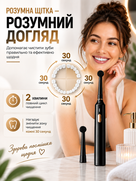 Электрическая зубная щетка роторная для взрослых и детей с 2 сменными насадками электрощетка водонепроницаемая 3 режима чистки IPX7 USB Type-C зарядка таймер 2 минуты для удаления налета отбеливания зубов массажа десен языка - изображение 2