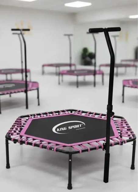 Фитнес-батут King Sport Pink 130 см с регулируемой ручкой до 100 кг 42 амортизатора Тренажер для Jumping Fitness кардио прыжков домашних тренировок - изображение 7