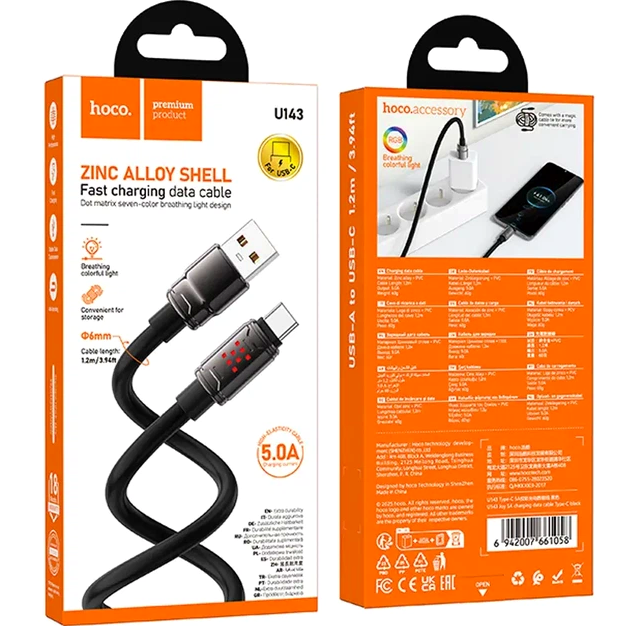 Кабель Hoco U143 Joy 5A Type-C черный с LED-индикатором усиленная сердцевина 6 мм для быстрой зарядки - изображение 8