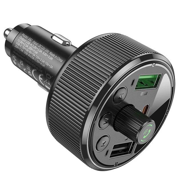 FM модулятор Hoco E82 Guerrero с автозарядкой PD 30W QC 3.0 2xUSB Type-C LED дисплей чёрный - изображение 2