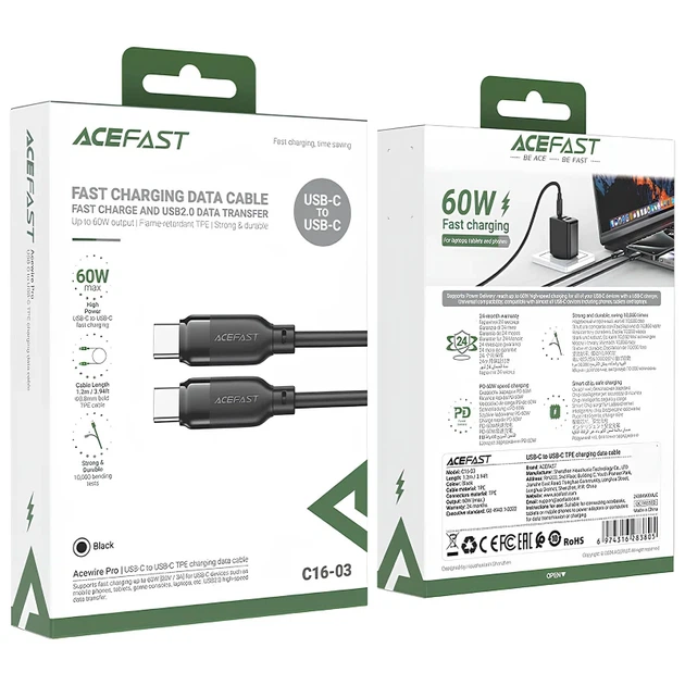 Кабель Acefast C16-03 Type-C — Type-C 60W 1.2 м плетеный черный - Фото 5 Кабель Acefast C16-03 Type-C — Type-C 60W 1.2 м плетеный черный - изображение 5