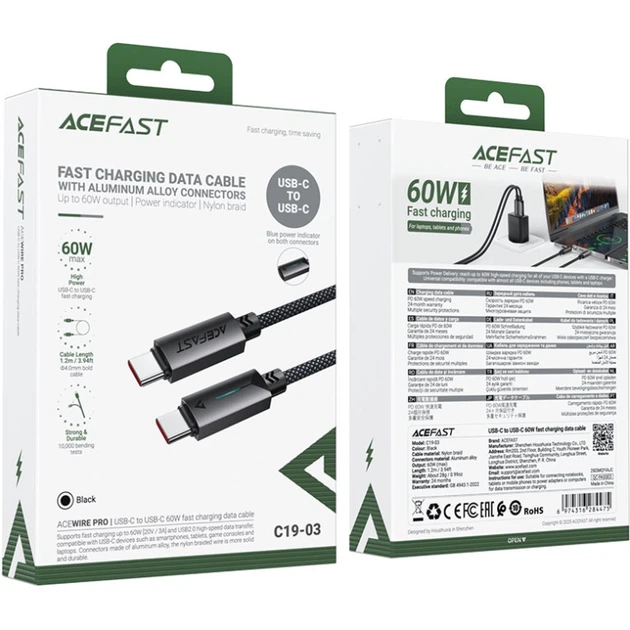 Кабель Acefast C19-03 USB 2.0 Type-C to Type-C M-M 1.2 м 60W Black (6974316284475) - изображение 5