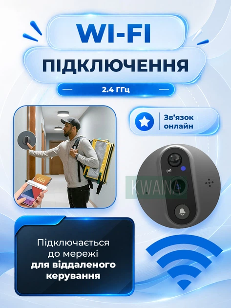 Беспроводной Wi-Fi видеодомофон, дверной глазок со звонком, ночной съемкой и двусторонней связью, круглый черный - изображение 2