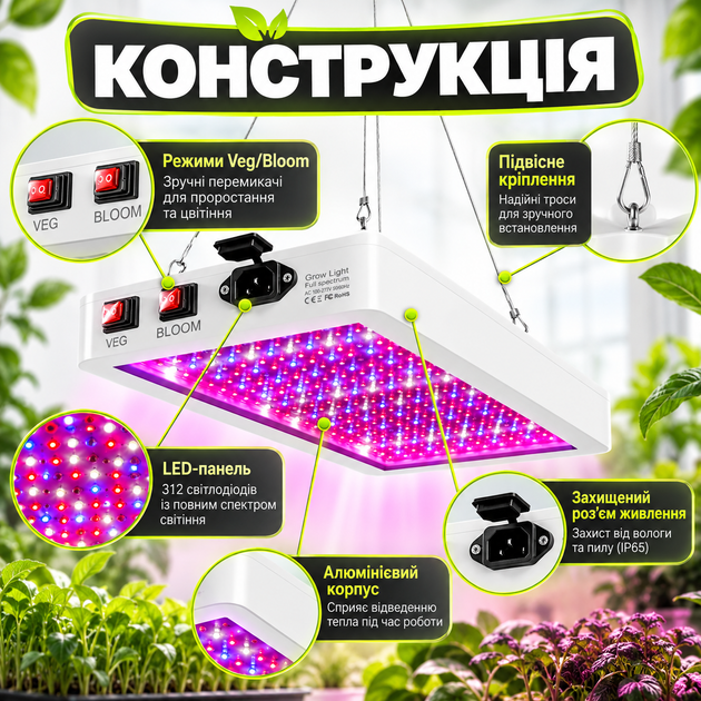 LED фитолампа для растений 30 Вт 312 светодиодов полного спектра с режимами Veg/Bloom IP65 подвесной светильник 415×200×40 мм для комнатного огорода - изображение 3