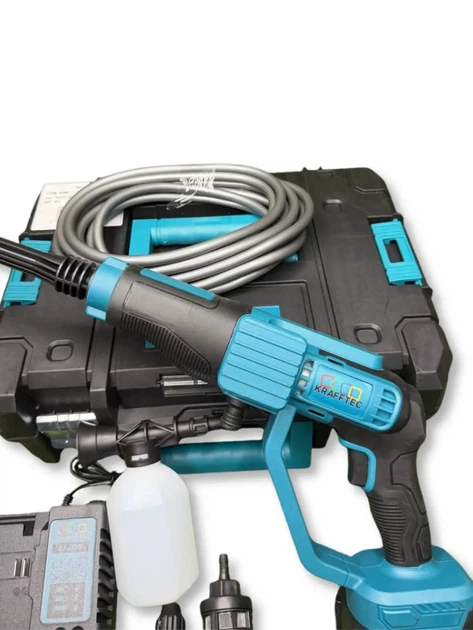 Аккумуляторная мойка высокого давления Krafftec Germany PRO 48 В 8 А·ч 45 бар ручная автомойка 330 л ч бесщеточная минимойка с 2 АКБ самовсасыванием воды шлангом фильтром пенной насадкой кейсом синяя для автомобиля велосипеда сада дачи - изображение 6