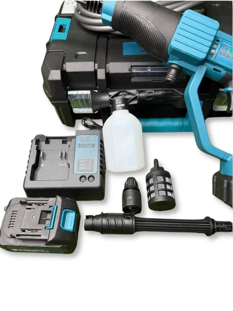 Аккумуляторная мойка высокого давления Krafftec Germany PRO 48 В 8 А·ч 45 бар ручная автомойка 330 л ч бесщеточная минимойка с 2 АКБ самовсасыванием воды шлангом фильтром пенной насадкой кейсом синяя для автомобиля велосипеда сада дачи - изображение 7