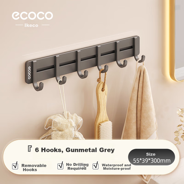 Настінні гачки Ecoco, не потребують свердління, рухомий простір, алюмінієва стійка для зберігання на 6 гачків, для ванної кімнати та кухні, клейкі гачки, водонепроникні та вологонепроникні - зображення 4