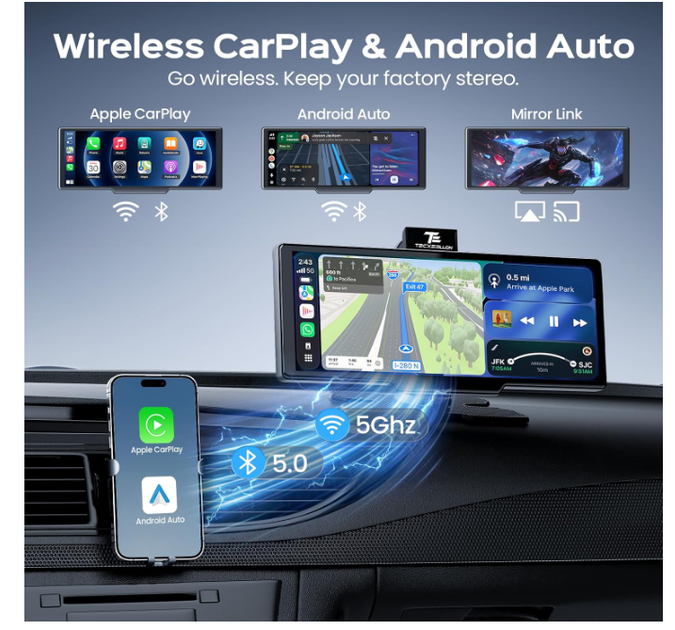Автомобильный экран Tecxerllon 10.26" Wireless CarPlay и Android Auto, видеорегистратор 4K, HD камера заднего вида, Bluetooth 5.0 - изображение 3
