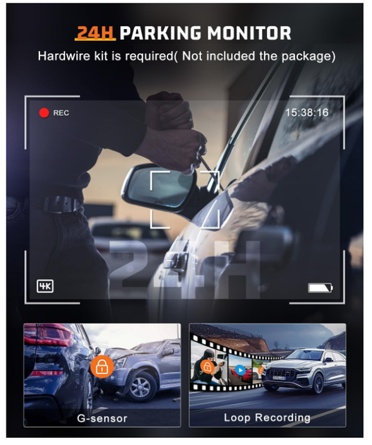 Видеорегистратор автомобильный 4K+1080P Front Rear, 64GB, WiFi, ночное видение, 24H Parking Mode, G-Sensor, WDR - изображение 4