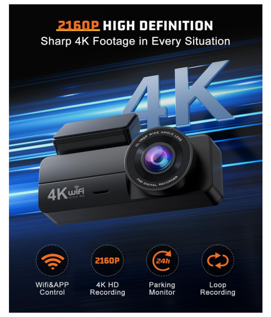 Видеорегистратор автомобильный 4K+1080P Front Rear, 64GB, WiFi, ночное видение, 24H Parking Mode, G-Sensor, WDR - изображение 5