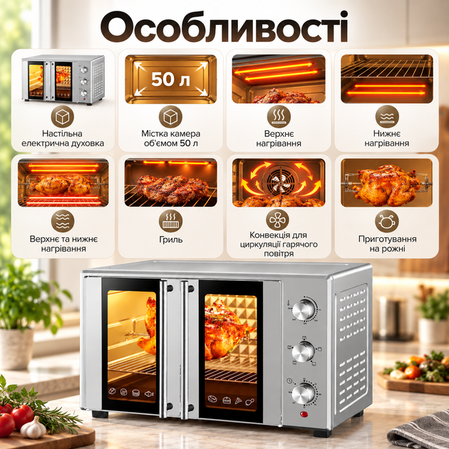Настольная электродуховка SOKANY SK-10027 50 л 1700 Вт с конвекцией грилем вертелом Мини-печь 100–250°C Духовой шкаф для выпечки пиццы мяса - изображение 3