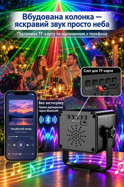 Лазерная диско-установка 3-в-1 Party Light с Bluetooth-колонкой, стробоскопом, реакцией на звук, пультом управления и TF/microSD - изображение 4