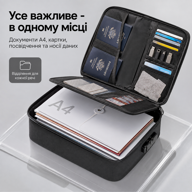 Органайзер-папка для документов А4 с 3-значным кодовым замком, водонепроницаемая, с отделениями для документов и гаджетов и креплением на чемодан, черная - изображение 2