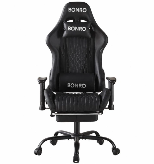 Кресло геймерское Bonro 1002G-1 черное из экокожи с выдвижной подставкой для ног и подушками (125-76-42401214) - изображение 3