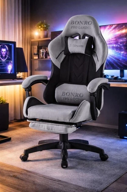 Кресло геймерское Bonro B-145 черно-серое из ткани с выдвижной подставкой для ног регулируемое (125-76-42401049) - изображение 7