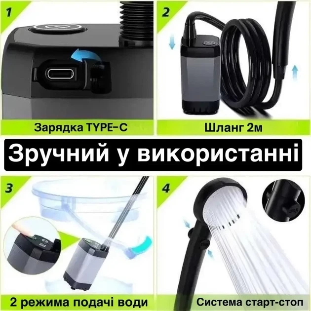 Портативный электрический душ MaxFlow 6000 mAh с насосом до 8 л/мин режимами ECO/MAX водозащитой IPX8 для кемпинга походов дачи путешествий и отдыха на природе - изображение 5