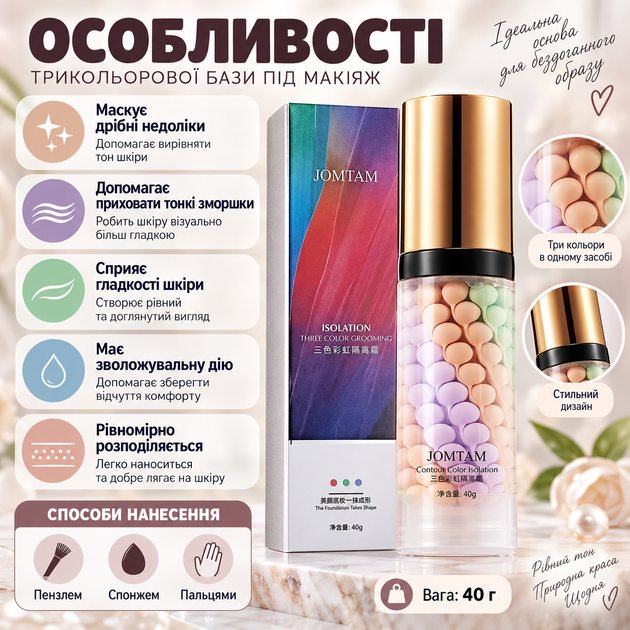 База під макіяж трикольорова праймер для обличчя Jomtam 40 г зволожувальна основа вирівнювання тону маскування недоліків зморшок для гладкості шкіри - Фото 2 База під макіяж трикольорова праймер для обличчя Jomtam 40 г зволожувальна основа вирівнювання тону маскування недоліків зморшок для гладкості шкіри - зображення 2