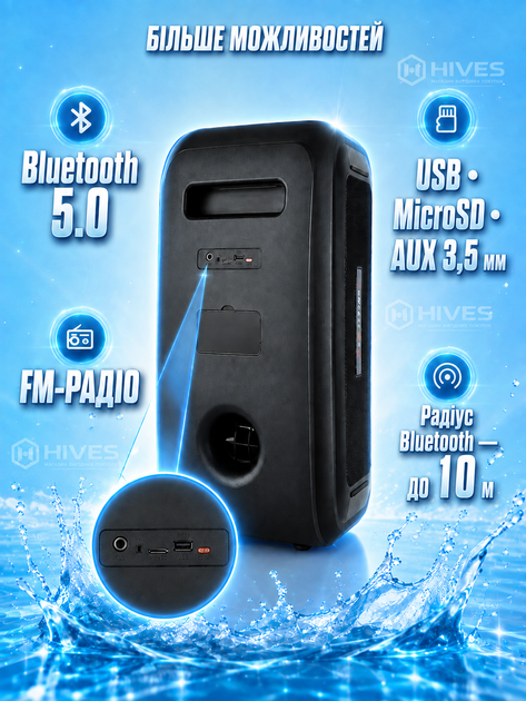 Портативная Bluetooth колонка 30 Вт с 2 динамиками 6,5”, беспроводным микрофоном, RGB-подсветкой, TWS, USB, MicroSD, FM и пультом для караоке и вечеринок - изображение 4