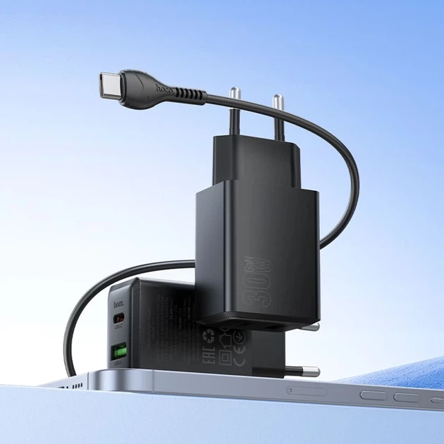 Сетевое зарядное устройство Hoco N71 USB A + USB C QC3.0 3A 30W + кабель USB C Black (6942007670937) - Фото 4 Сетевое зарядное устройство Hoco N71 USB A + USB C QC3.0 3A 30W + кабель USB C Black (6942007670937) - изображение 4