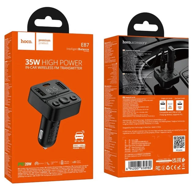 Автомобільний Bluetooth-трансмітер Hoco E87 USB-A + USB-C QC PD 35W Black (6942007658980) - зображення 9